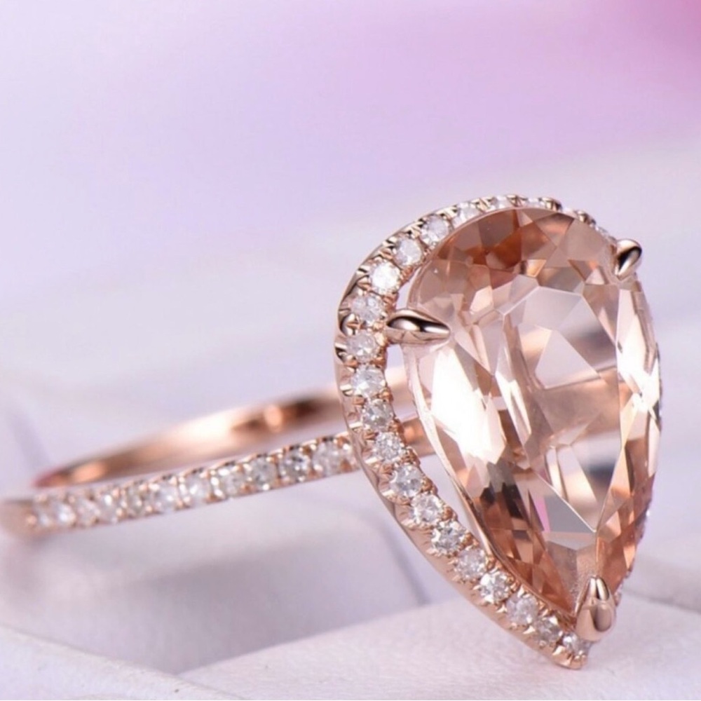 Rose Gold Teardrop Morganite Halo Ring - Elegant Pink Stone - Picture 3 of 6